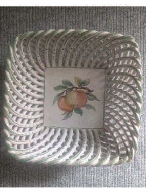 Zaccagnini Majolica Ceramic Lattice Basket with Painted Fruit Theme, 17x7cm, VGC